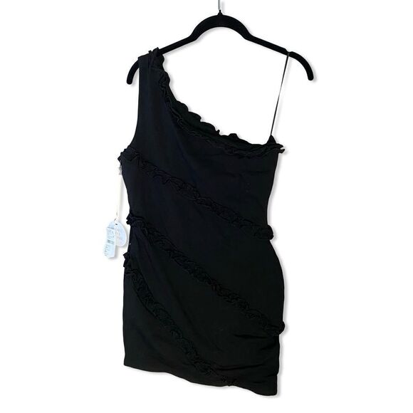 NWT MORE TO COME Camila One Shoulder Dress black mini ruffle trim Revolve M - Picture 7 of 12